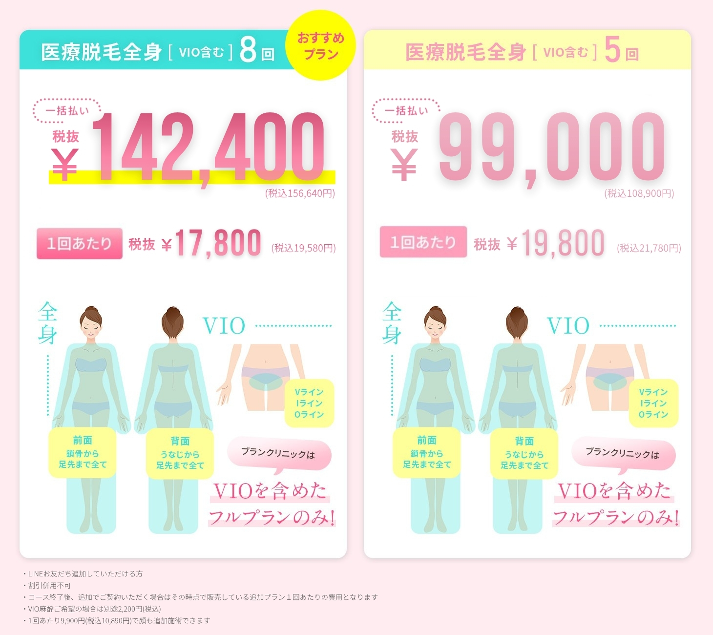 全身脱毛(VIO含む)5回プラン総額99,000円(税別)