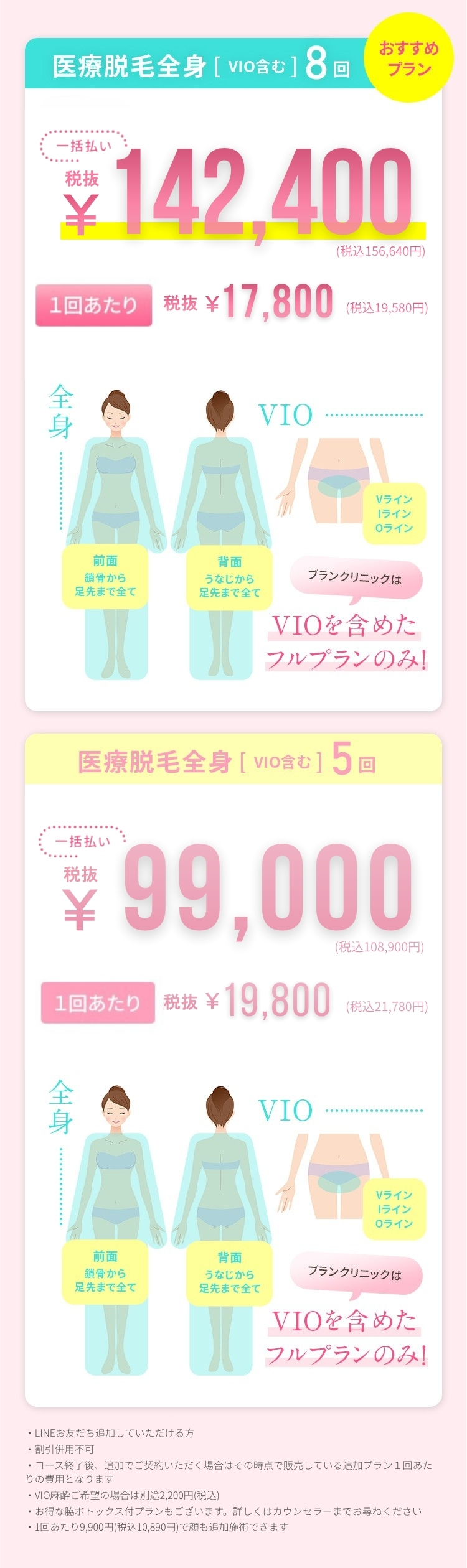 全身脱毛(VIO含む)5回プラン総額99,000円(税別)